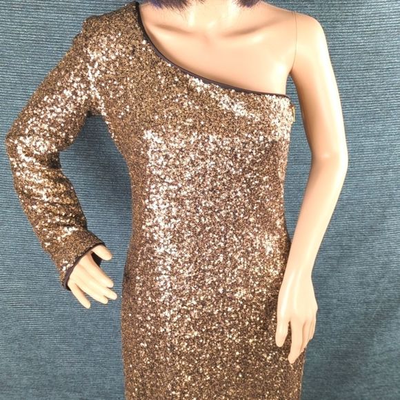 Giani Bini Gold Sequin One Shoulder Long Sleeve Dress - Picture 2 of 11